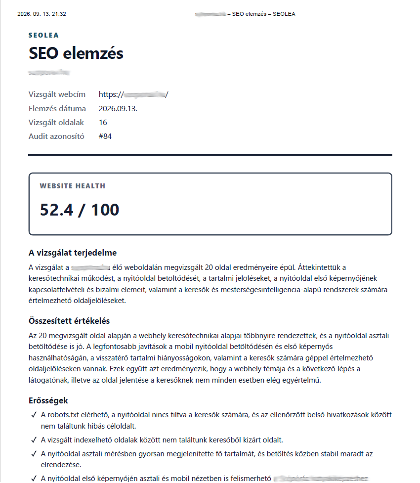 SEOLEA mintaelemzés ügyfélnek átadható riportoldala
